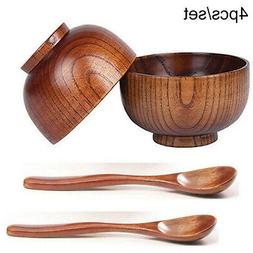 4PCS Style Japonais Bol Soupe Cuill&egrave;re Salade Riz Bols Bois