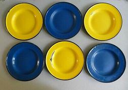 6 assiettes en t&ocirc;le &eacute;maill&eacute;e, jaune et bleue, vintage, ca