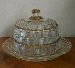 Ancienne cloche a fromage en verre avec son plateau d&eacute;co vi