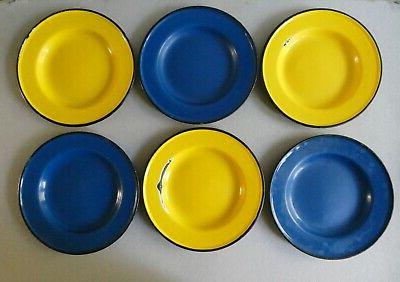 6 assiettes en tole emaillee jaune et