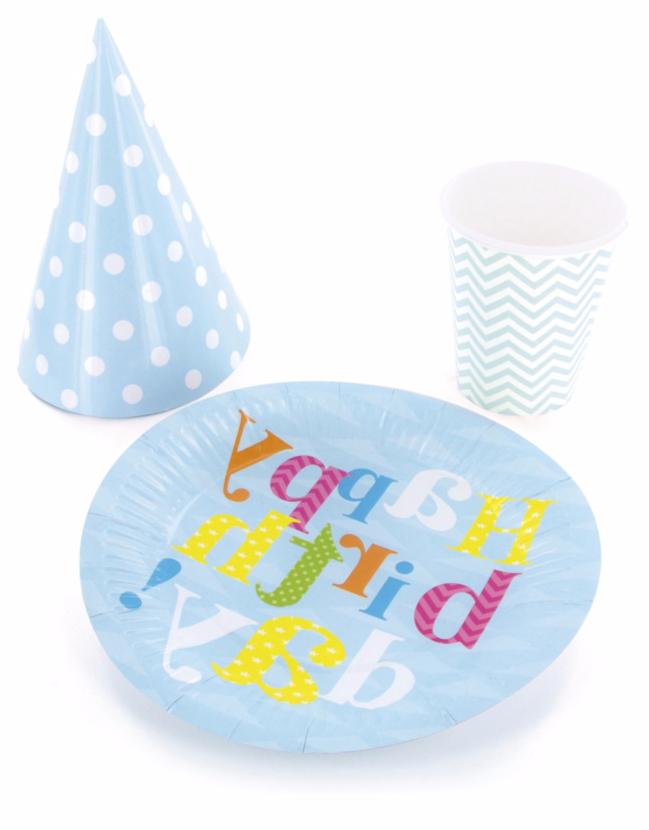 coffret anniversaire vaisselles jetables bleu 6 personnes