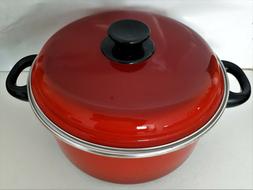 Marmite rouge avec Couvercle en t&ocirc;le &eacute;maill&eacute;e Vintage Ann