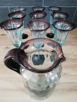Pichet avec 9 verres en verre massif, verre teinte vert